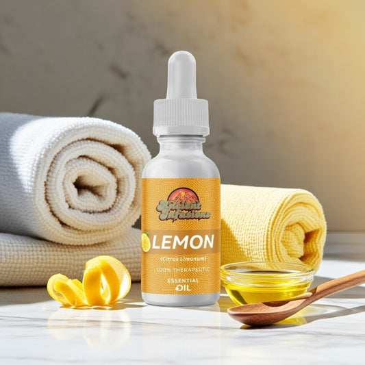 Therapeutic lemon essential oil by Ancient Infusions – 100% pure citrus aromatherapy oil for energy boost, natural cleansing, and skincare.