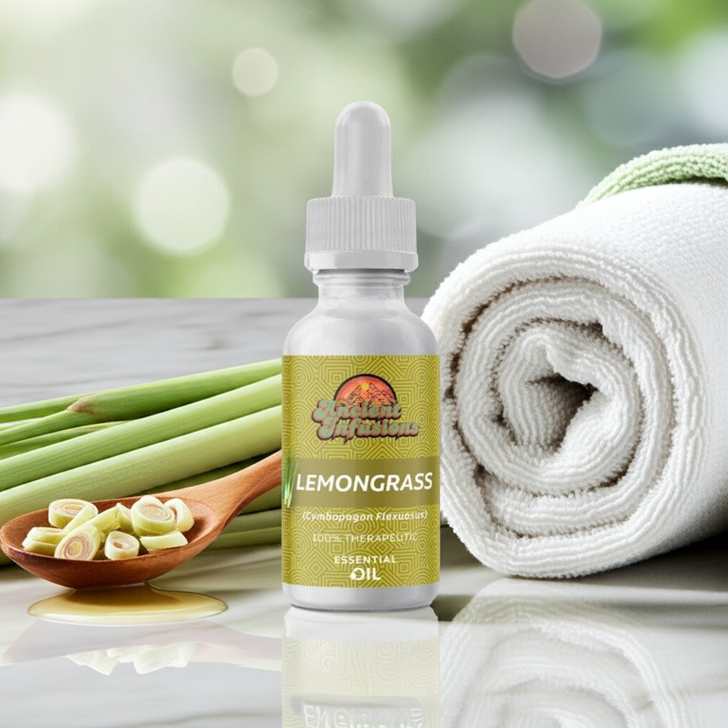 Therapeutic lemongrass essential oil by Ancient Infusions – 100% pure aromatherapy oil for stress relief, natural cleansing, and skincare.