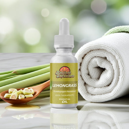 Therapeutic lemongrass essential oil by Ancient Infusions – 100% pure aromatherapy oil for stress relief, natural cleansing, and skincare.