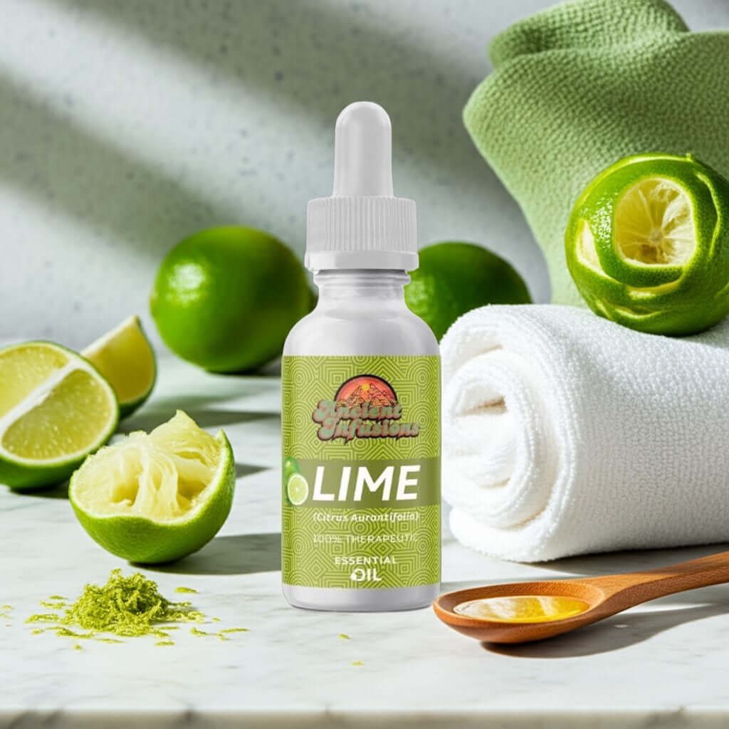 Therapeutic lime essential oil by Ancient Infusions – 100% pure citrus aromatherapy oil for energy, mood boost, and skincare.