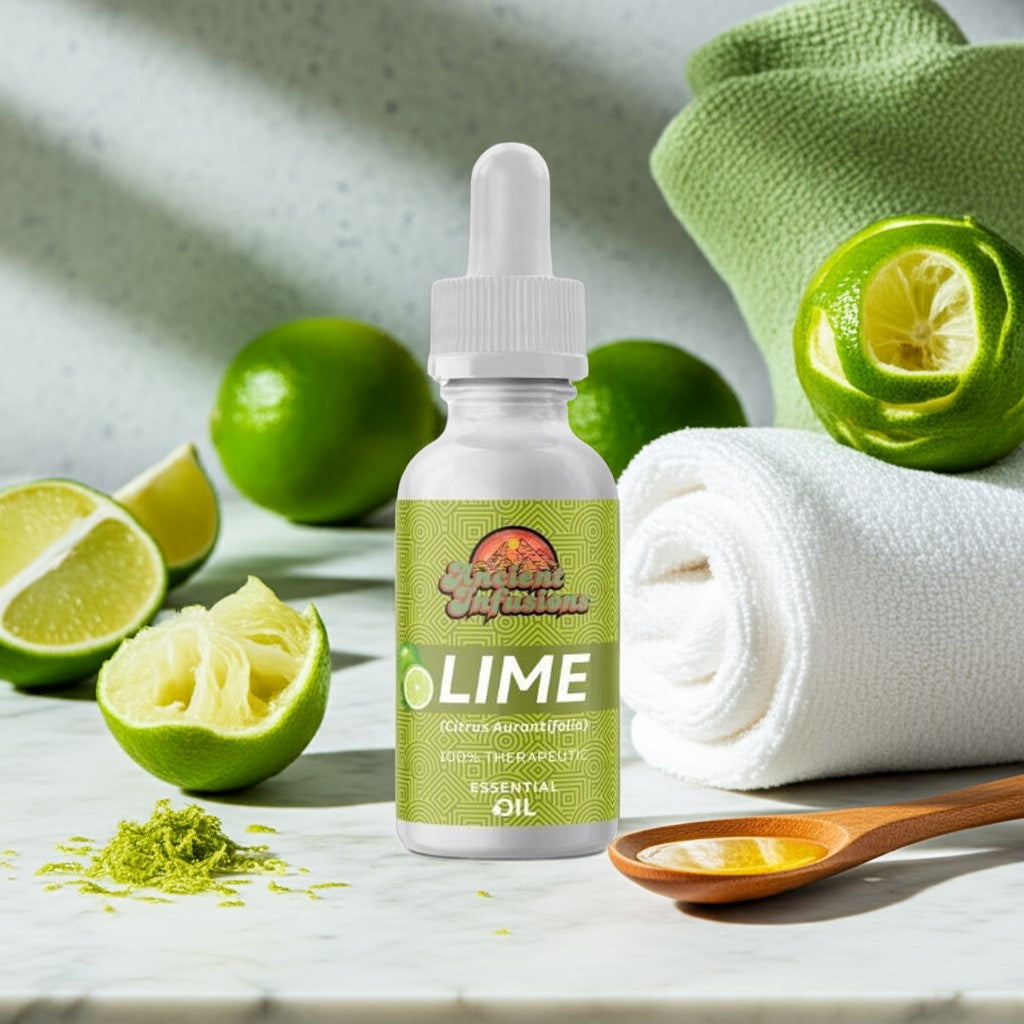 Therapeutic lime essential oil by Ancient Infusions – 100% pure citrus aromatherapy oil for energy, mood boost, and skincare.