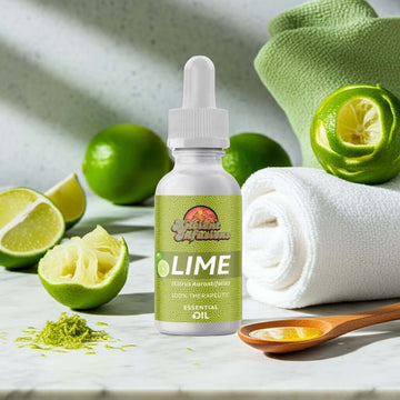Therapeutic lime essential oil by Ancient Infusions – 100% pure citrus aromatherapy oil for energy, mood boost, and skincare.