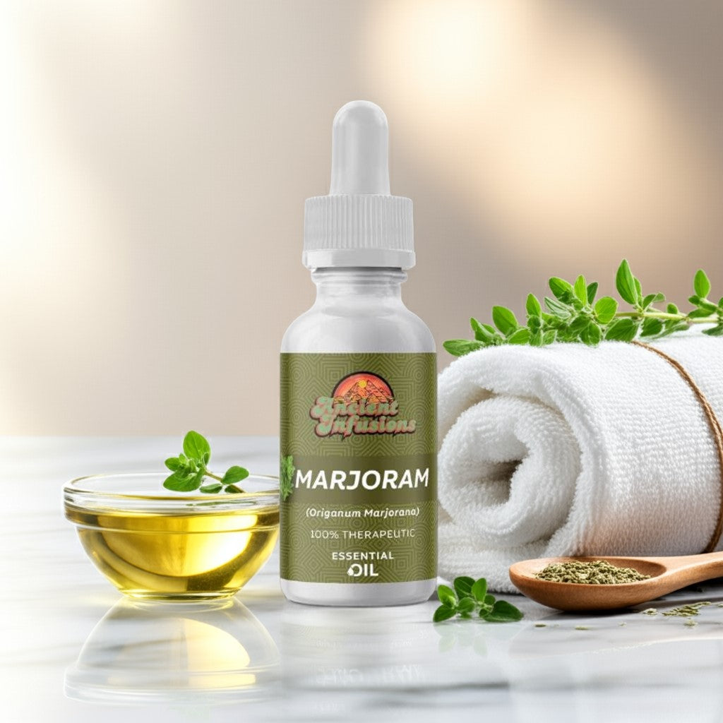 Therapeutic marjoram essential oil by Ancient Infusions – 100% pure aromatherapy oil for muscle relaxation, stress relief, and sleep support.