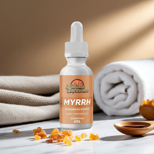 Therapeutic myrrh essential oil by Ancient Infusions – 100% pure aromatherapy oil for skin rejuvenation, relaxation, and spiritual practices.