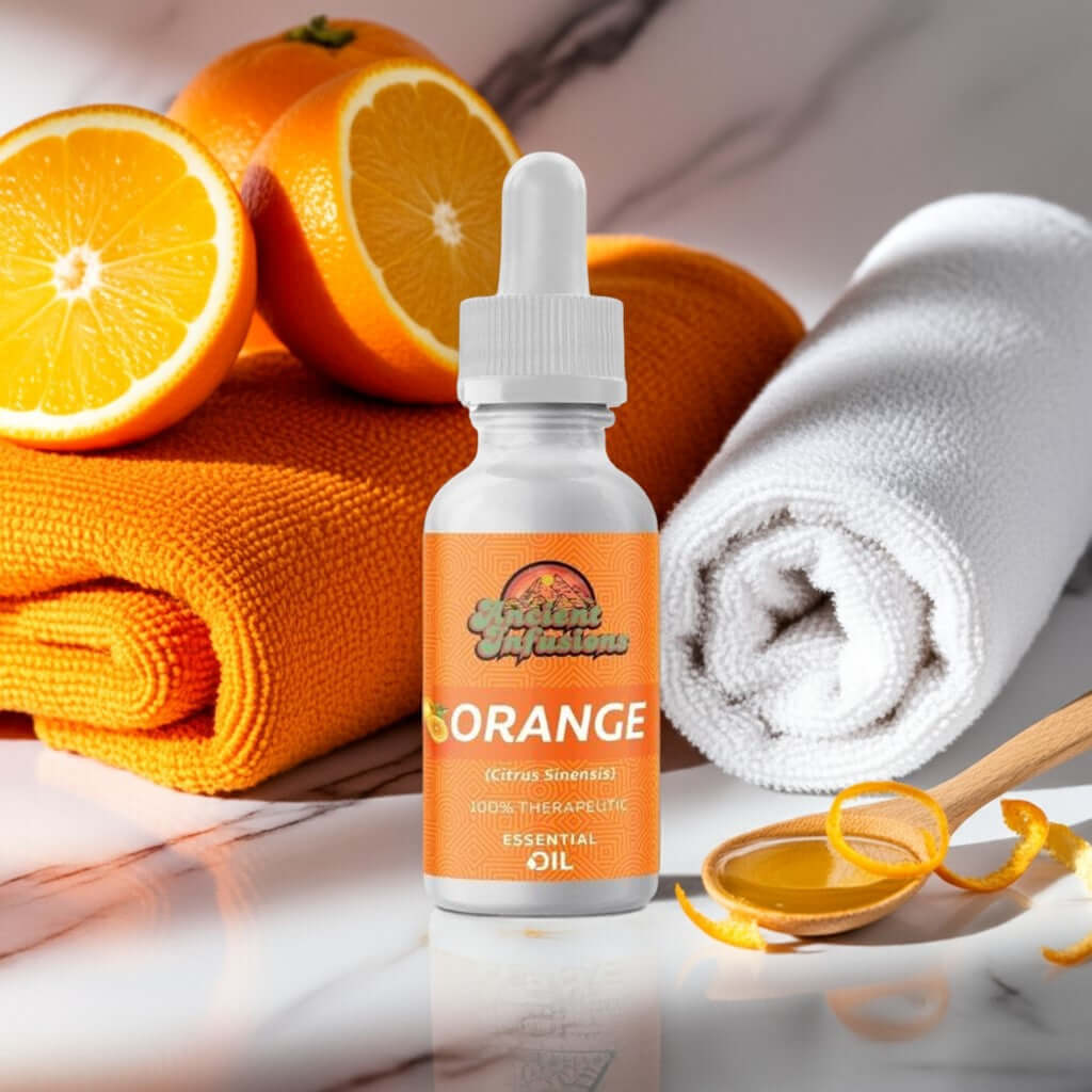 Therapeutic orange essential oil by Ancient Infusions – 100% pure citrus aromatherapy oil for relaxation, stress relief, and skincare.