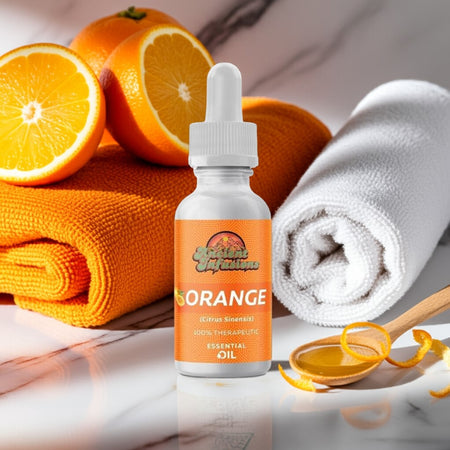 Therapeutic orange essential oil by Ancient Infusions – 100% pure citrus aromatherapy oil for relaxation, stress relief, and skincare.