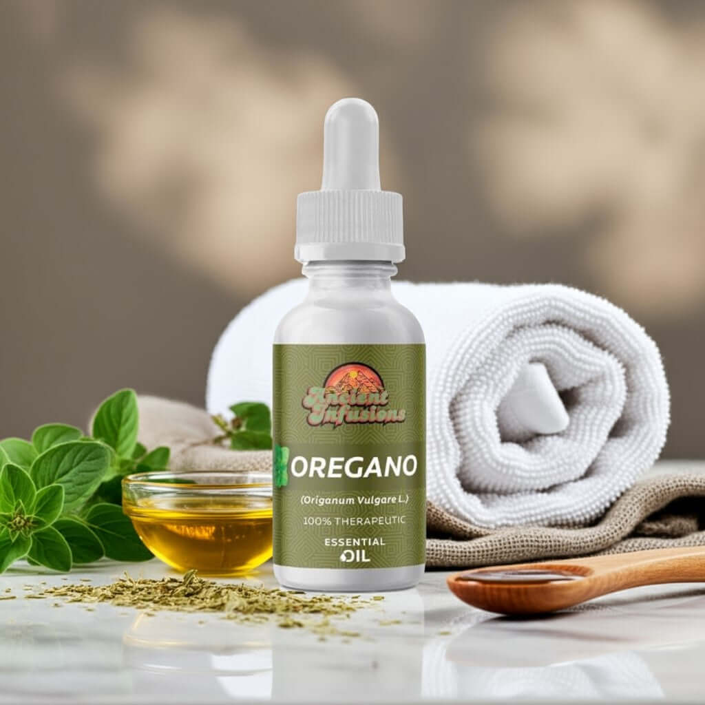 Therapeutic oregano essential oil by Ancient Infusions – 100% pure aromatherapy oil for immune support, natural cleansing, and respiratory health.