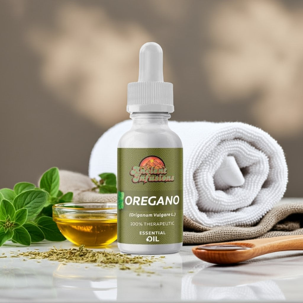 Therapeutic oregano essential oil by Ancient Infusions – 100% pure aromatherapy oil for immune support, natural cleansing, and respiratory health.