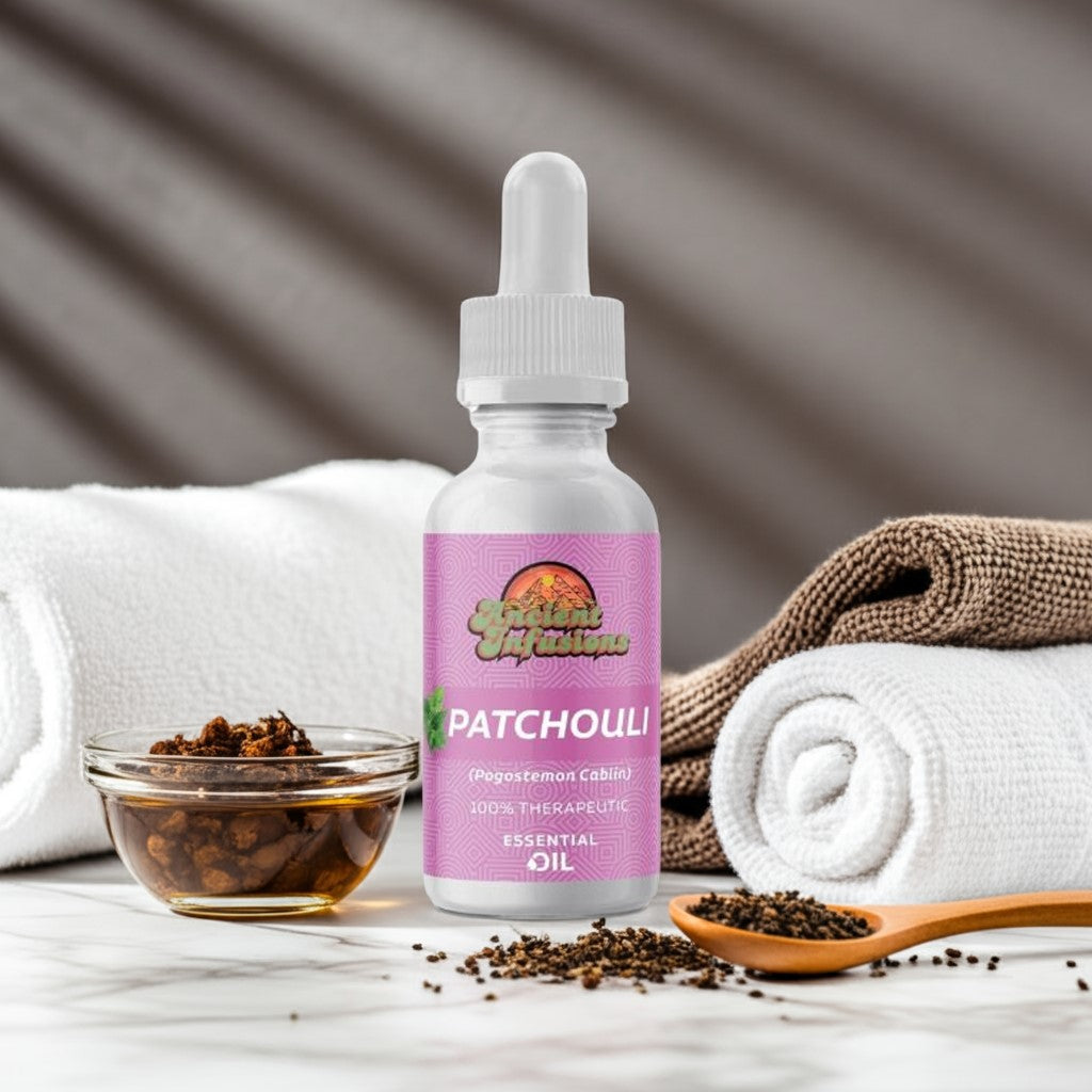 Therapeutic patchouli essential oil by Ancient Infusions – 100% pure aromatherapy oil for grounding, relaxation, and skincare.