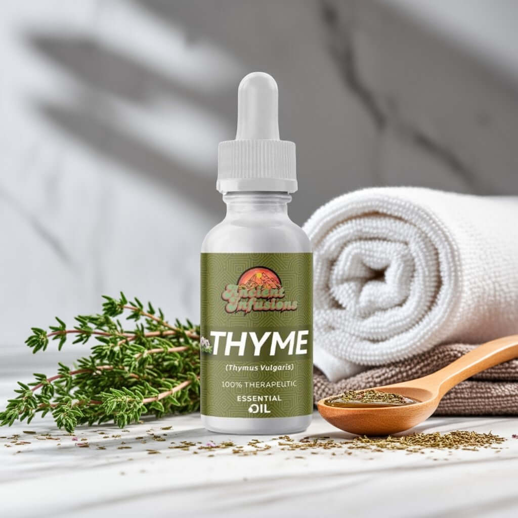 Therapeutic red thyme essential oil by Ancient Infusions – 100% pure aromatherapy oil for immune support, respiratory health, and natural cleansing.