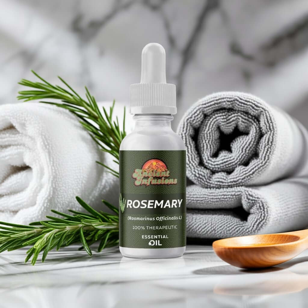 Therapeutic rosemary essential oil by Ancient Infusions – 100% pure aromatherapy oil for focus, memory support, and hair care.