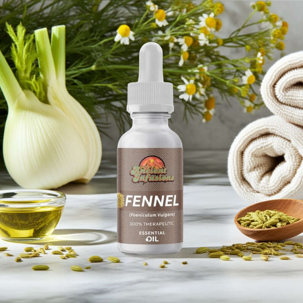 Therapeutic sweet fennel essential oil by Ancient Infusions – 100% pure aromatherapy oil for digestion support, stress relief, and hormonal balance.
