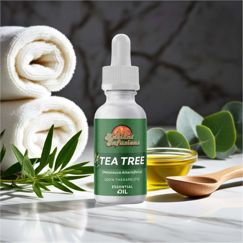 Therapeutic tea tree essential oil by Ancient Infusions – 100% pure aromatherapy oil for skincare, immune support, and natural cleansing.