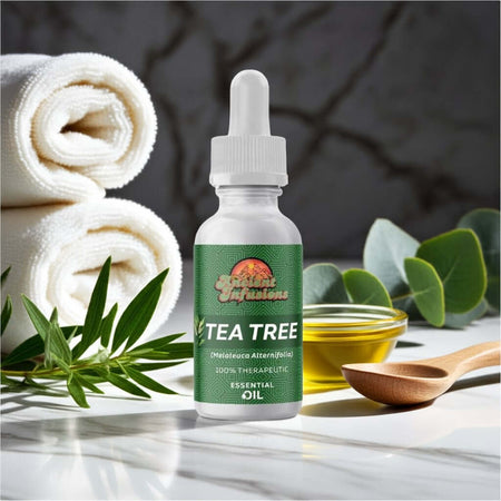 Therapeutic tea tree essential oil by Ancient Infusions – 100% pure aromatherapy oil for skincare, immune support, and natural cleansing.