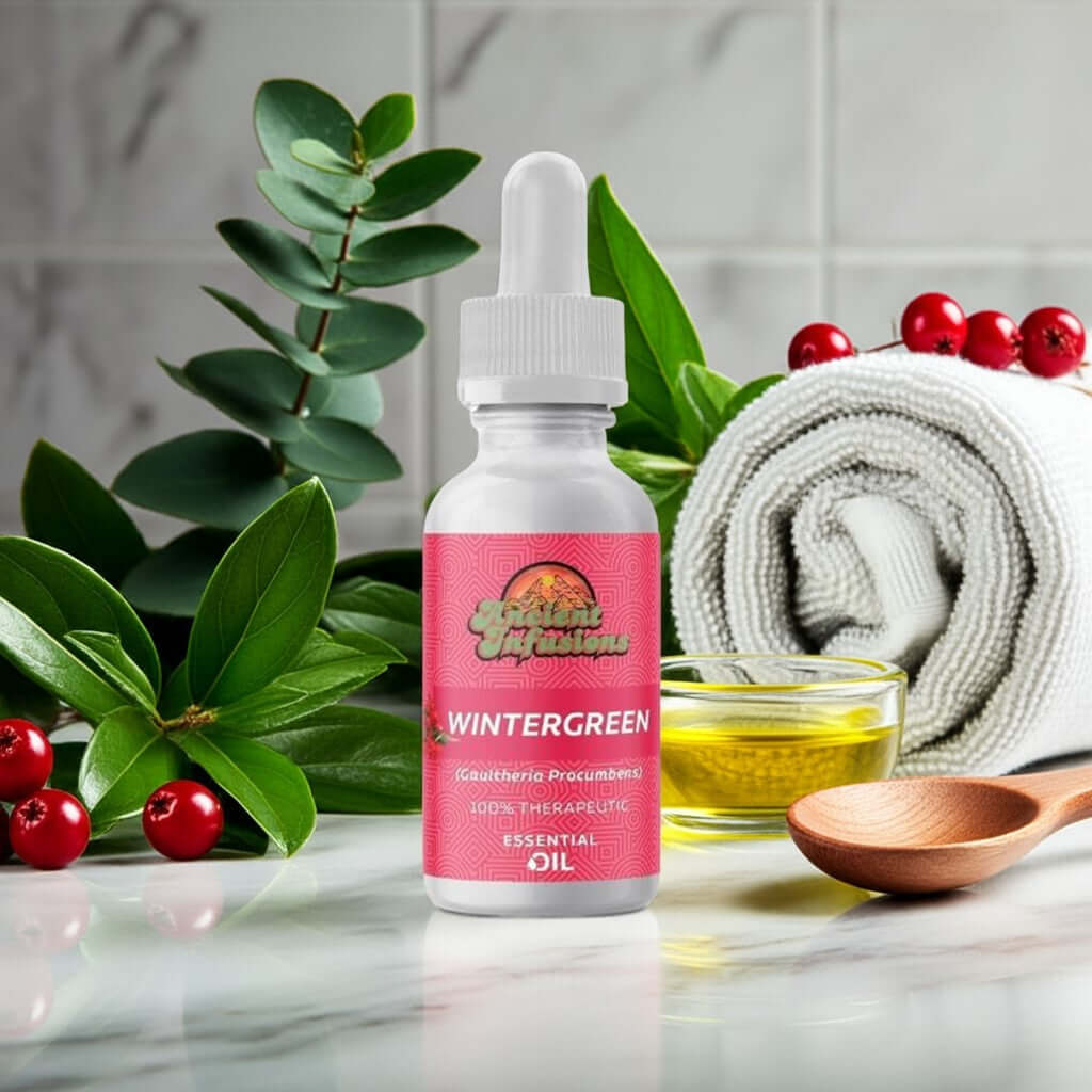 Therapeutic wintergreen essential oil by Ancient Infusions – 100% pure aromatherapy oil for soothing muscles, joint pain relief, and revitalizing energy.