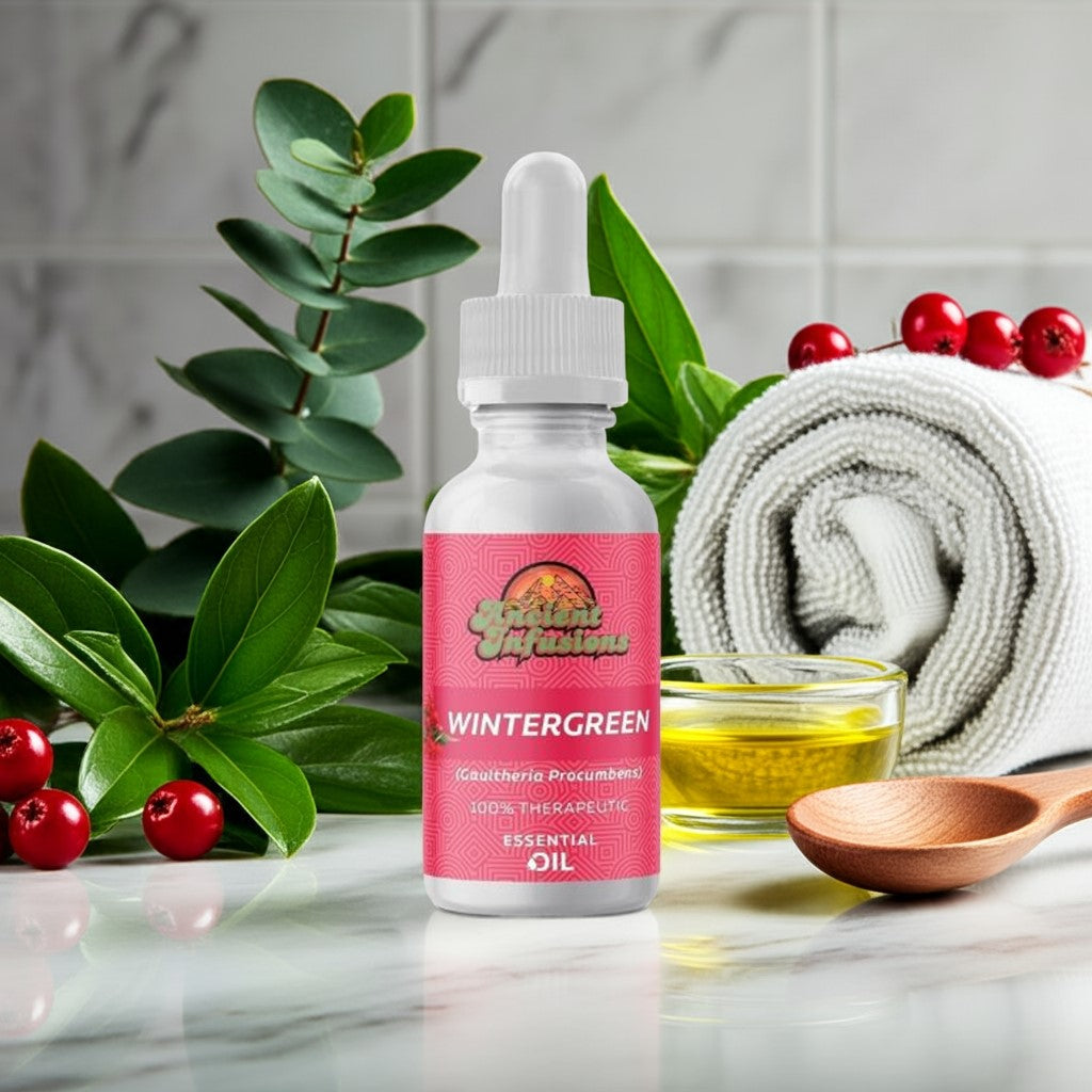 Therapeutic wintergreen essential oil by Ancient Infusions – 100% pure aromatherapy oil for soothing muscles, joint pain relief, and revitalizing energy.
