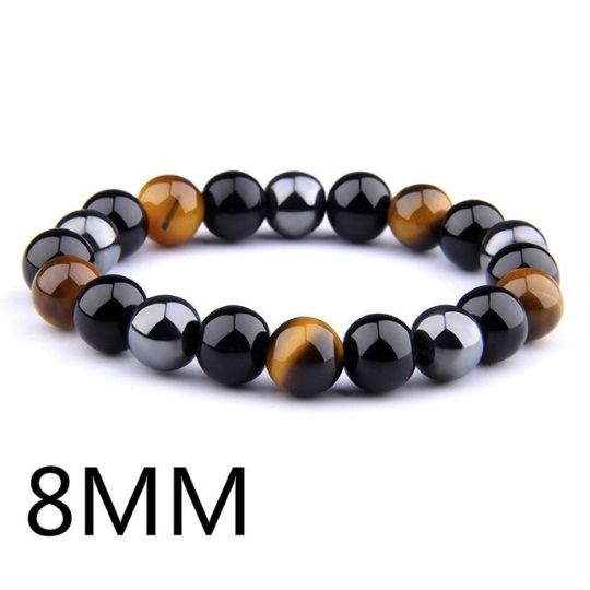 Elastic Bracelet Featuring Tiger’s Eye, Black Obsidian, and Hematite Stones.