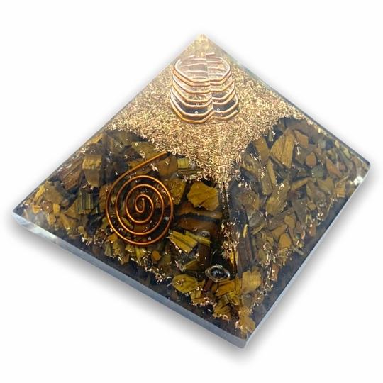 Tiger's Eye Orgonite Pyramid by Ancient Infusions - Infuse your space with grounding energy and a positive vibe using the Tiger's Eye Orgonite Pyramid.