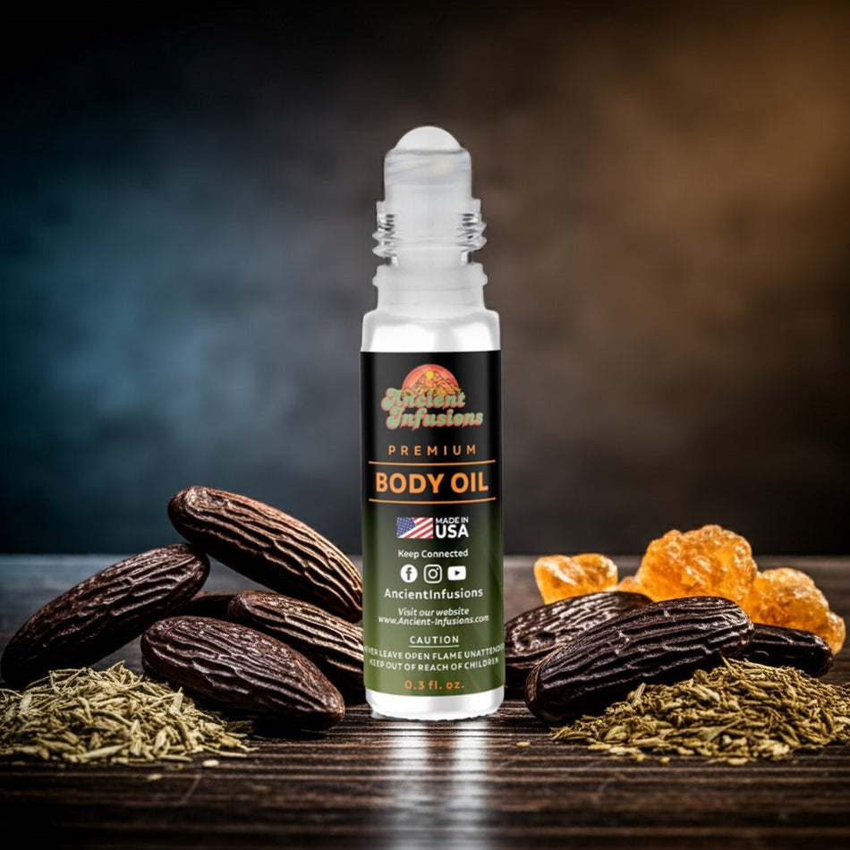 Tom Ford Fabulous inspired body oil on wooden platform with amber and vanilla accents