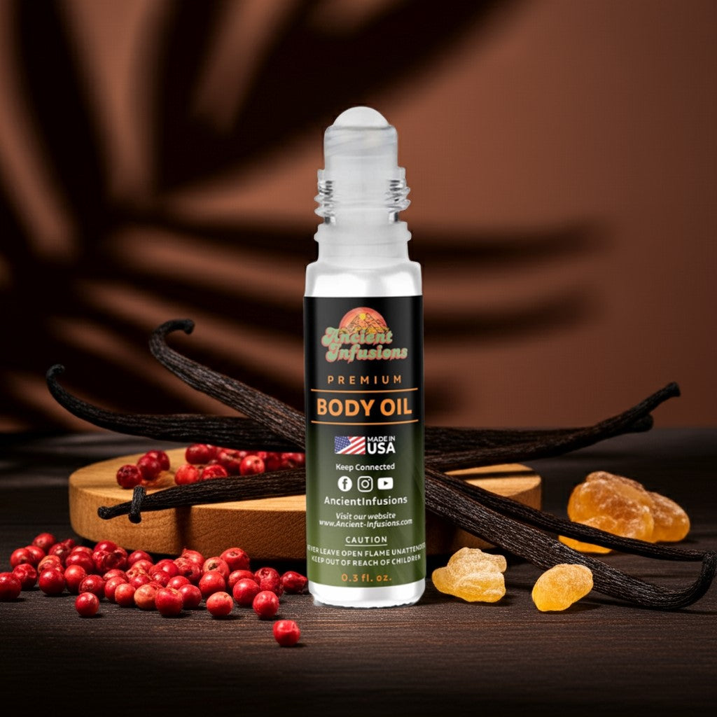 Tom Ford Noir inspired body oil roll-on bottle on wooden surface with warm background tones