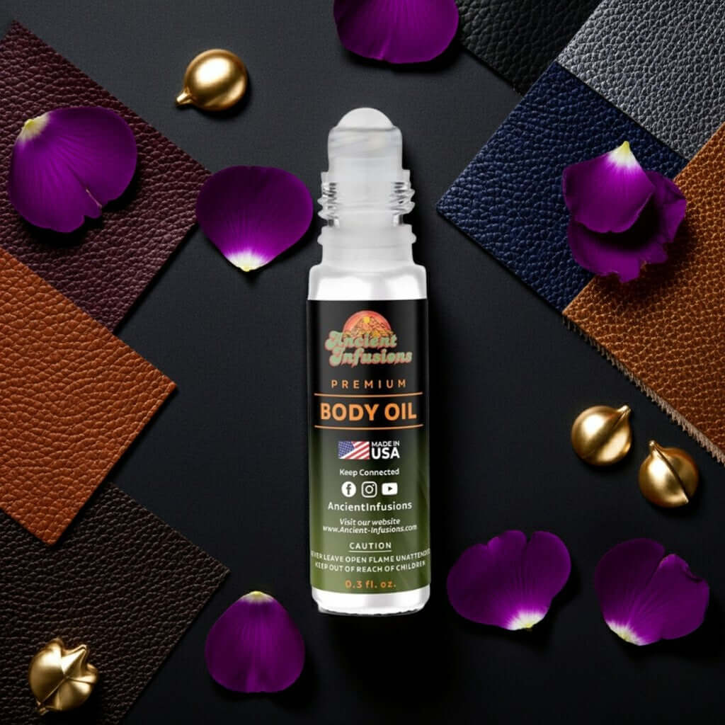 Tom Ford Ombre Leather 18 Inspired Body Oil with purple petals and leather accents in a stylish arrangement