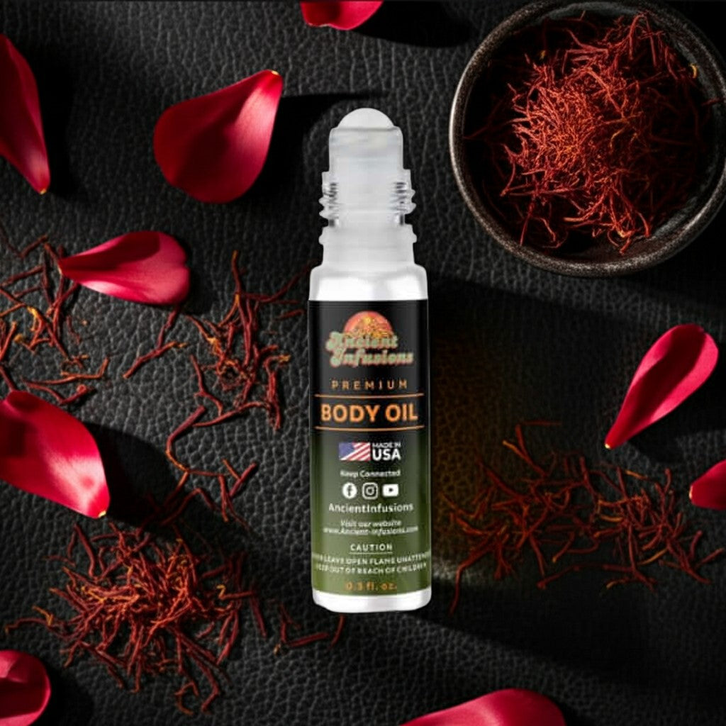 Tom Ford Oud Voyager Inspired Body Oil bottle with saffron and red petals on a dark surface