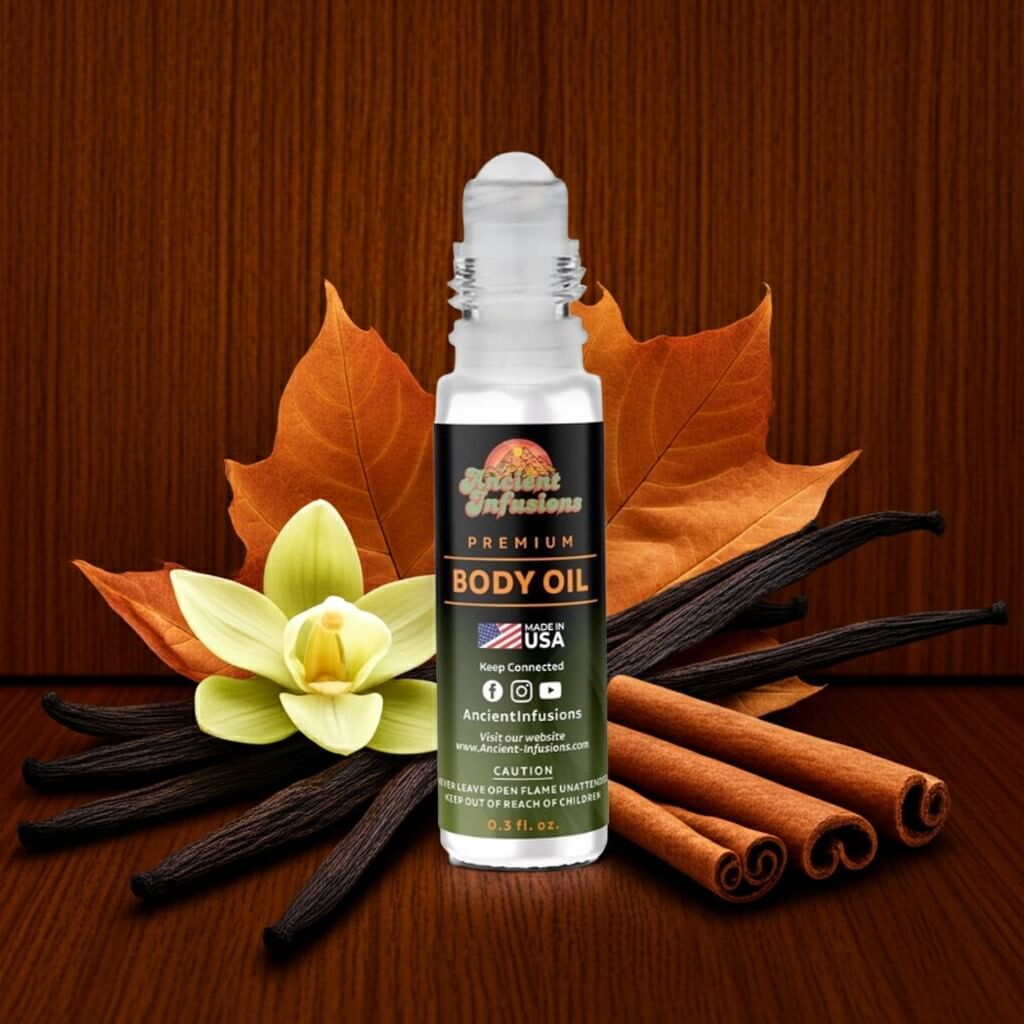 Tom Ford Tobacco Vanille Inspired Body Oil with vanilla and cinnamon background