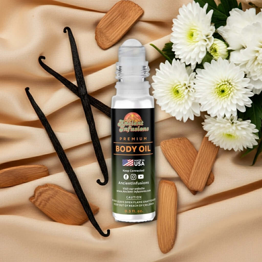 Tom Ford Vanilla Sex Inspired Body Oil with vanilla, ylang-ylang, jasmine, tonka bean, amber, sandalwood, displayed on silky fabric.