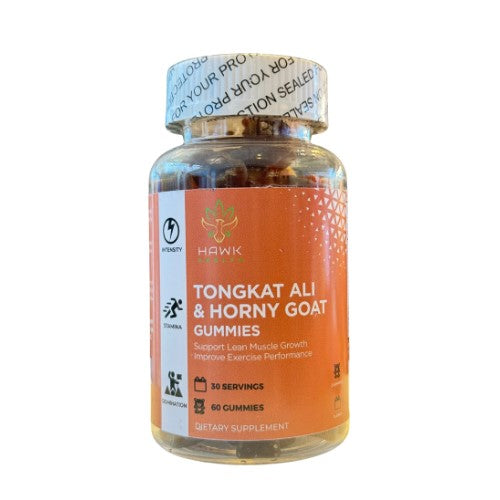 Bottle of Tongkat Ali & Horny goat gummies with orange label on a white background