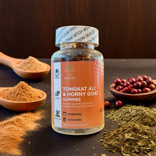 Bottle of Tongkat Ali & Horny goat gummies with ingredients on a dark surface