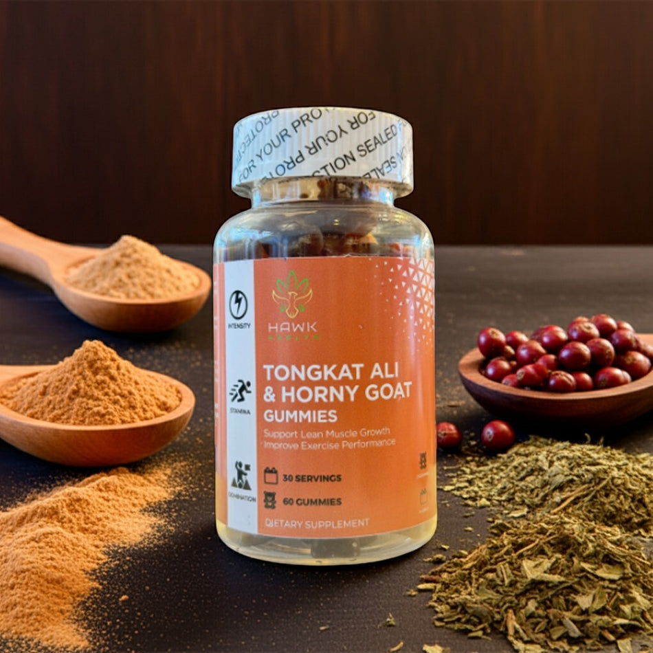 Bottle of Tongkat Ali & Horny goat gummies with ingredients on a dark surface