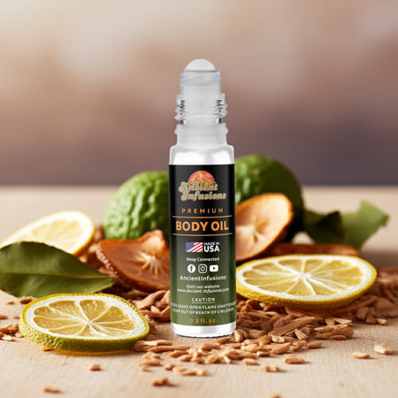 True Religion for Men inspired body oil roll-on bottle with lemon, cedarwood and amber accents