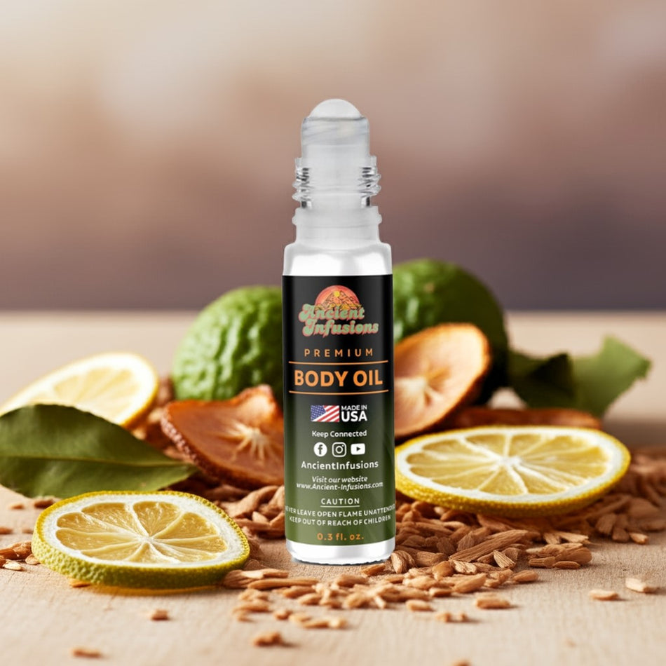 True Religion for Men inspired body oil roll-on bottle with lemon, cedarwood and amber accents