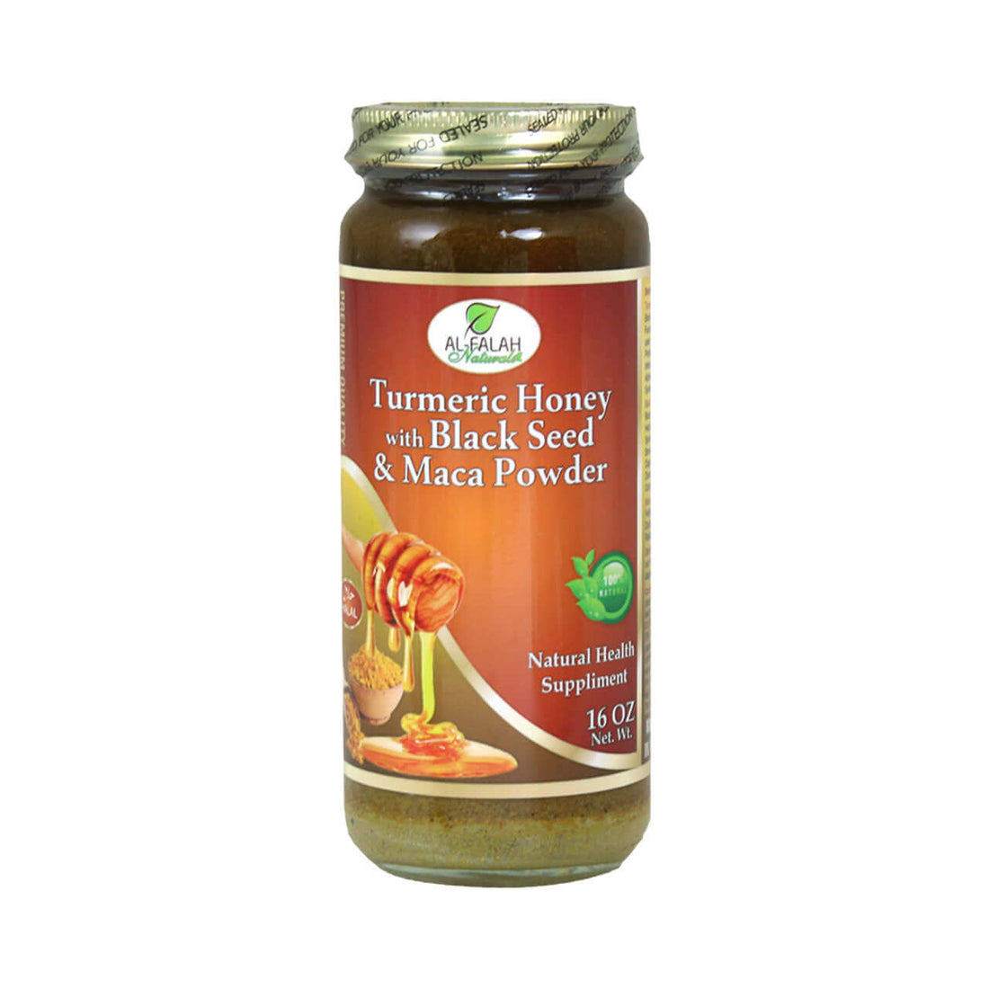 Wooden spoon drizzling Turmeric Black Seed & Maca Herbal Honey, surrounded by turmeric root and herbs.