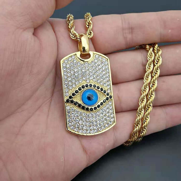 18k Gold-Plated Evil Eye Dog Tag Pendant Necklace with Stainless Steel Chain by Ancient Infusions – Bold and Protective Jewelry.