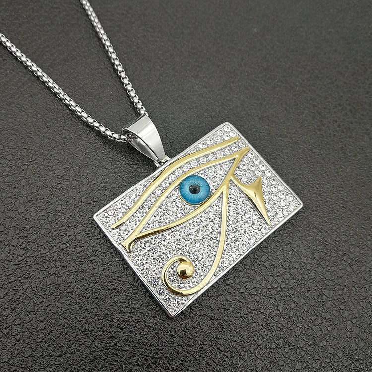 Unisex Large Dog Tag Eye of Ra Necklace in 18k Gold and Silver-Plated Stainless Steel by Ancient Infusions.