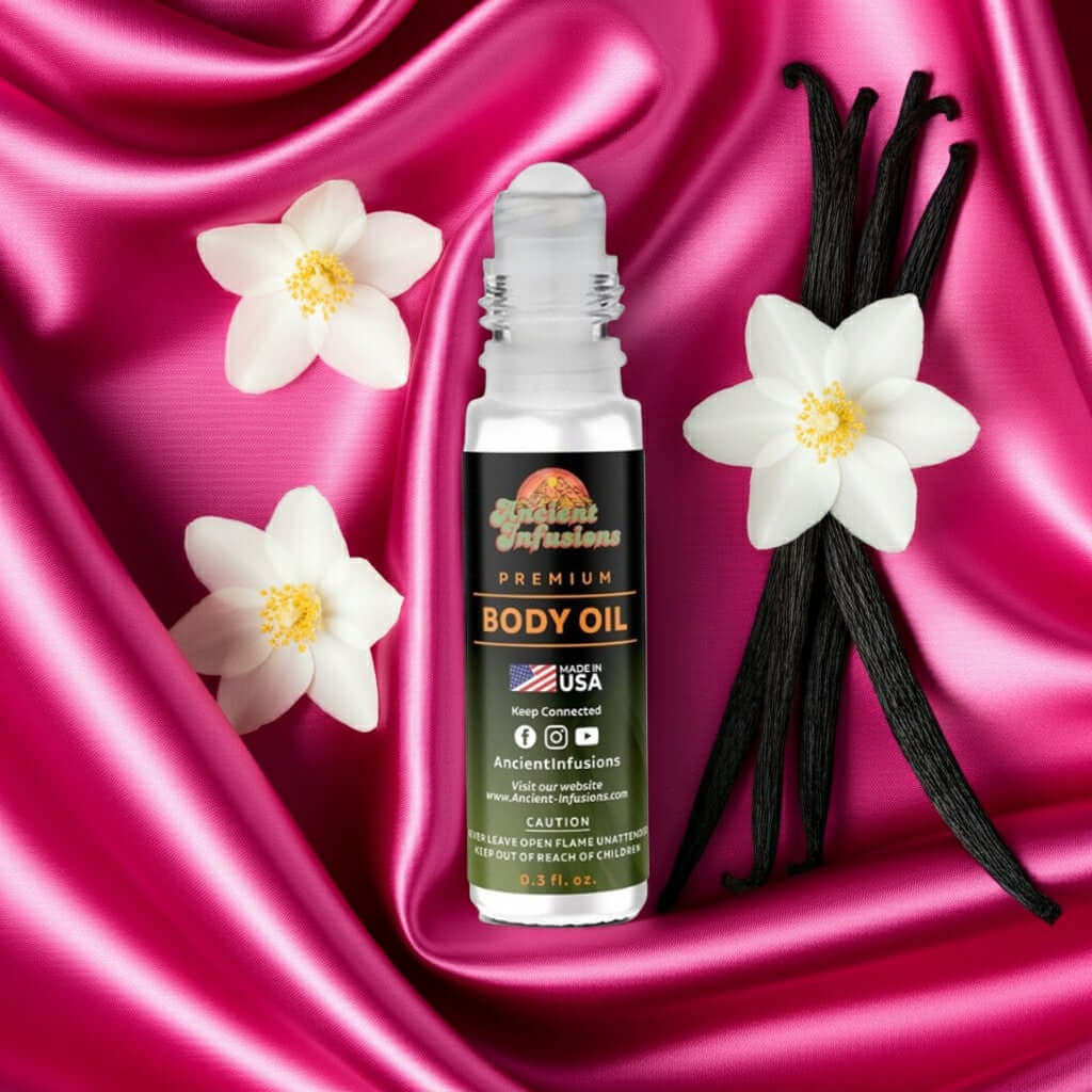 Valentino Born In Roma Donna Inspired Body Oil with jasmine and vanilla notes on pink silk background.