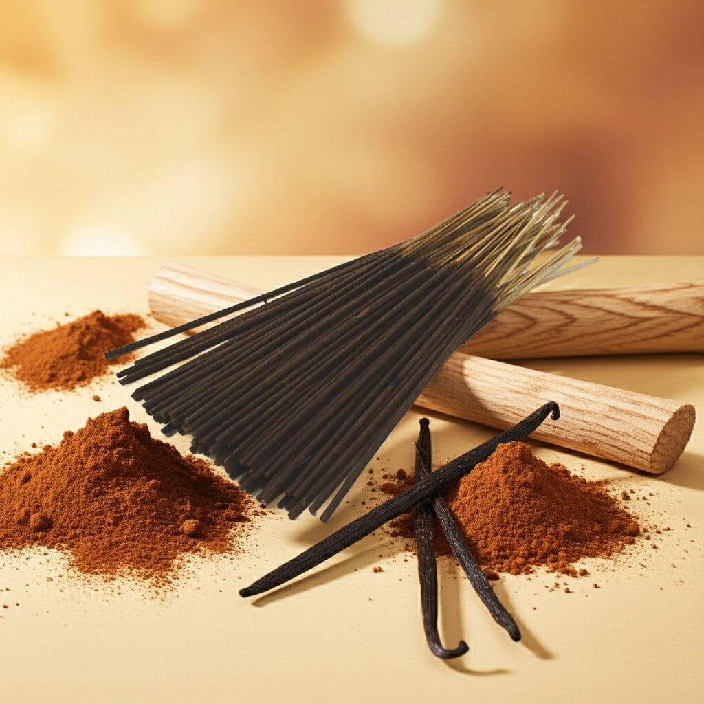 Vanilla Bean Incense Sticks on top of wood with vanilla around