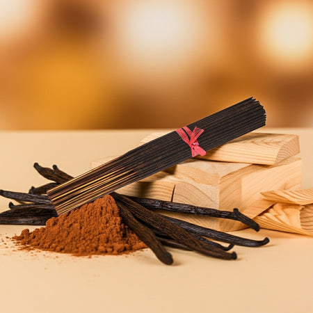 Vanilla Bean Incense Sticks on top of wood with vanilla around