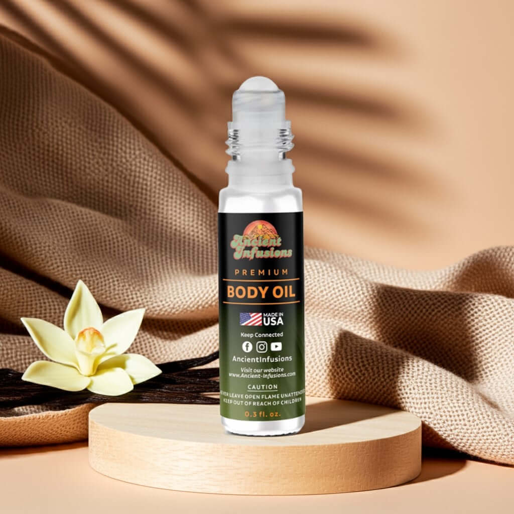 Vanilla body oil roll-on bottle with soft cream tones and vanilla beans on wooden table