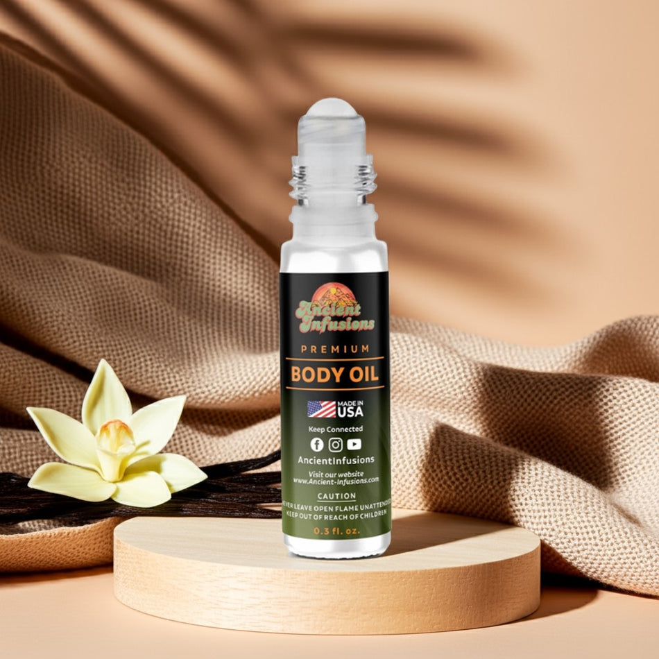 Vanilla body oil roll-on bottle with soft cream tones and vanilla beans on wooden table