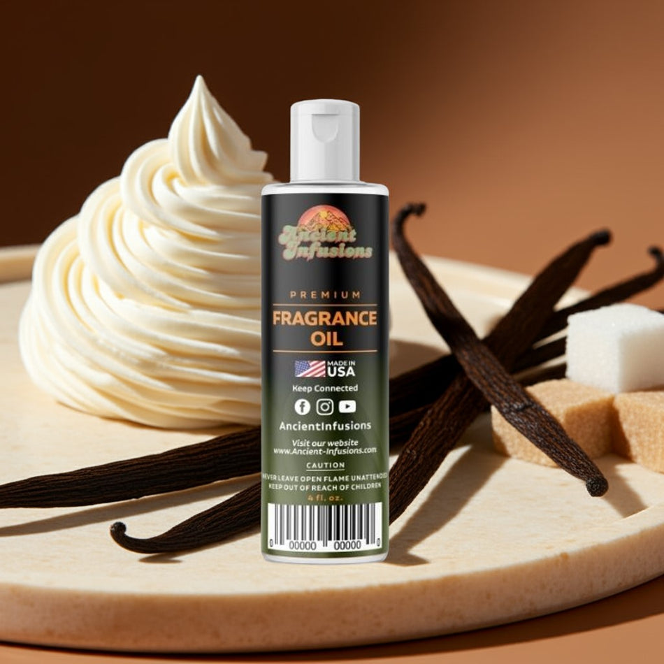 Vanilla uncut fragrance oil bottle – sweet alcohol-free scent by Ancient Infusions.