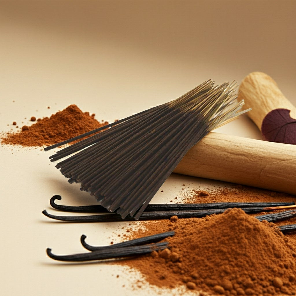 Vanilla Incense Sticks on a beige background with vanilla and powder