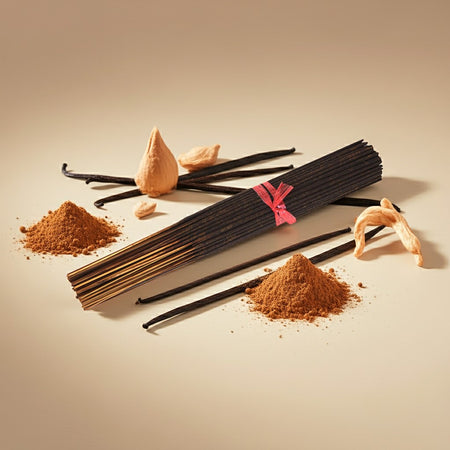 Vanilla Incense Sticks on a beige background with vanilla and powder