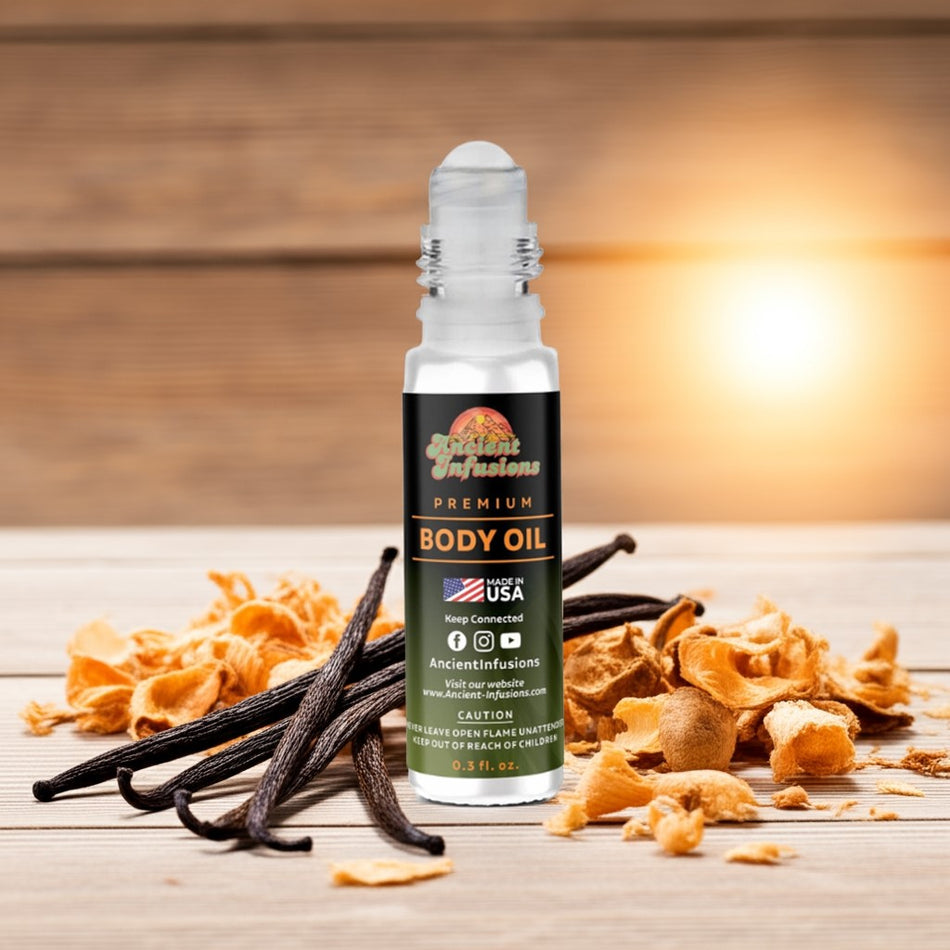 Vanilla Woods inspired body oil bottle with ambered wood pieces and vanilla pods