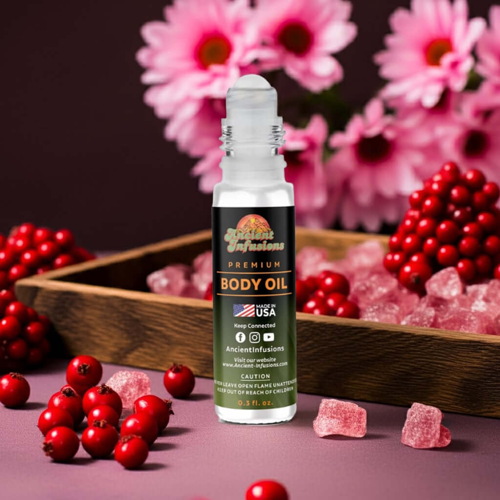 Bath & Body Works Velvet Sugar Inspired Body Oil with red berries and pink jasmine background