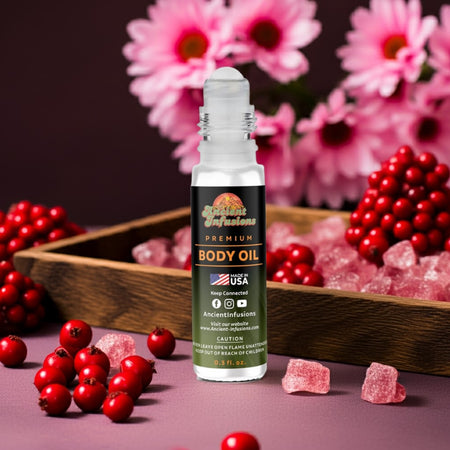 Bath & Body Works Velvet Sugar Inspired Body Oil with red berries and pink jasmine background