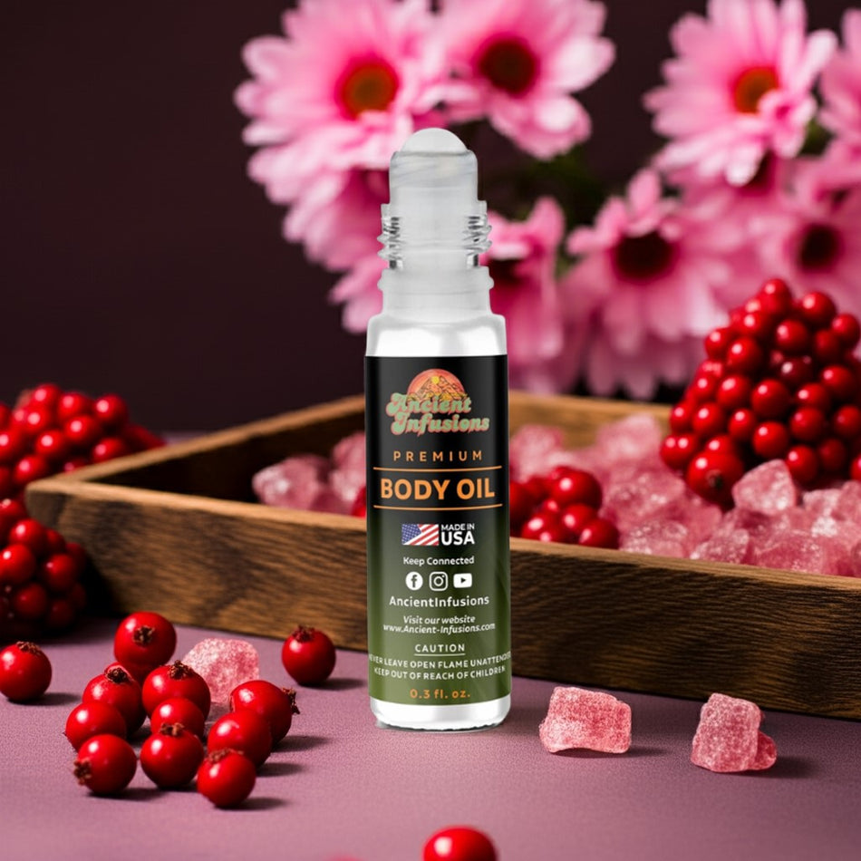 Velvet Sugar inspired body oil bottle upright with red berries and vanilla accents on a table