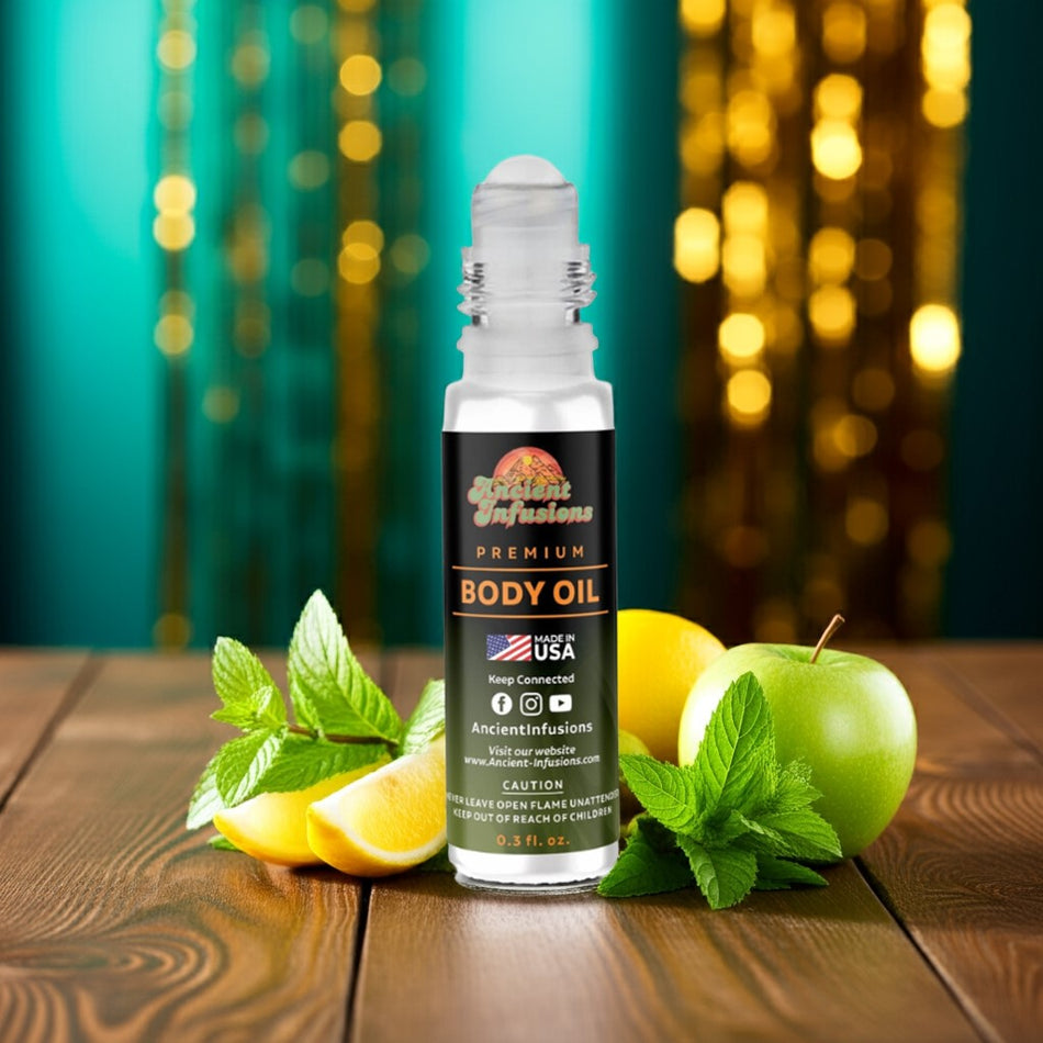 Versace Eros inspired body oil bottle upright on wood with mint leaves and citrus slices nearby