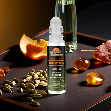 Bottle of Very Sexy for Men Inspired Body Oil surrounded by citrus and spices on a dark tray.